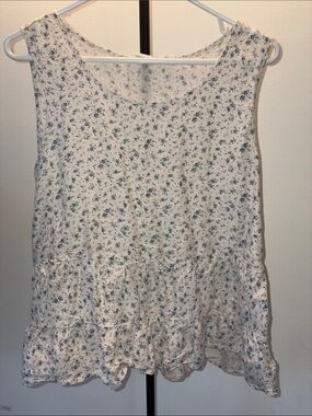 Shabby Chic Cream Tank with Delicate Blue Floral Print and Ruffle Hem